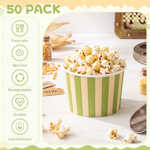 Image of Zopeal 50 Count Green and Cream Striped Ice Cream Cups Paper Dessert Bowls | Disposable 9 oz Ice Cream Bowls, Birthday Party Supplies, Snack Cups Sundae Picnic Yogurt Bowls for Food