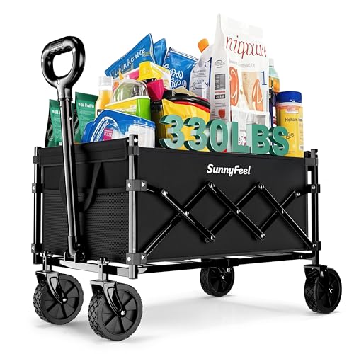 SUNNYFEEL 330lbs Wagons Carts Foldable,Heavy Duty Collapsible Folding Wagon Carts with Wheels,Lightweight Fold Up Wagon Cart for Outdoor Camping Shopping Sports Beach Garden Grocery