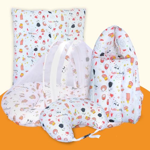 Image of Baby Bedding Set, 4 Pcs Cotton Sleeping Essential|Baby Sleeping Bag|Sleeping Mattress|Mother Nursing Feeding Pillow|Mosquito Net Bed for 0-6 Months (Panda Orange)