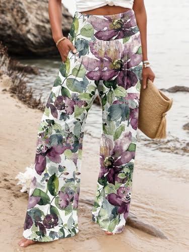 TIAFORD Wide Leg Palazzo Pants for Women Floral Printed Elastic High Waist Linen Pants Flowy Beach Trousers with Pocket2