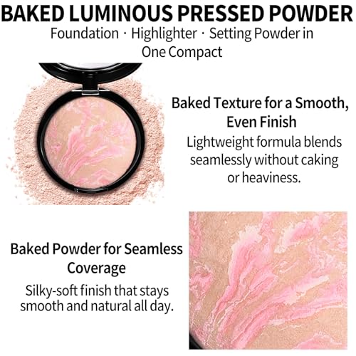 Image of Baked Luminous Pressed Powder-Glow-Infused Foundation,Highlighter & Setting Powder in One-Color-Correcting,Oil-Control,Long-Lasting Coverage for All Skin Tones 01