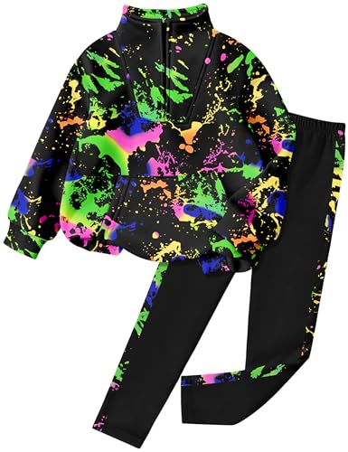 Girls Clothes Tie Dye Quarter-zip Sweatshirt + Camo Sweatpants Girls Clothing Sets 2 Piece Fall Winter Outfits 7-14T