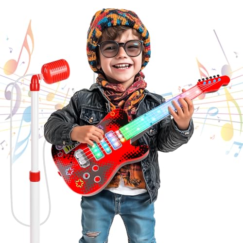 Juego de guitarra y micrófono para niños con 4 cuerdas, kit de guitarra eléctrica con soporte de...