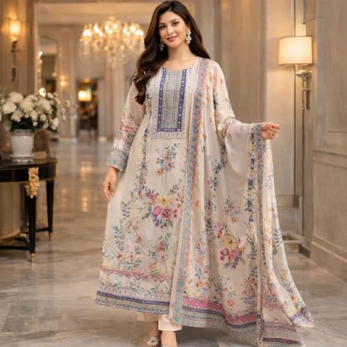 Image of Floral Pakistani Lawn Suit for Women - Embroidered Tunic with Dupatta