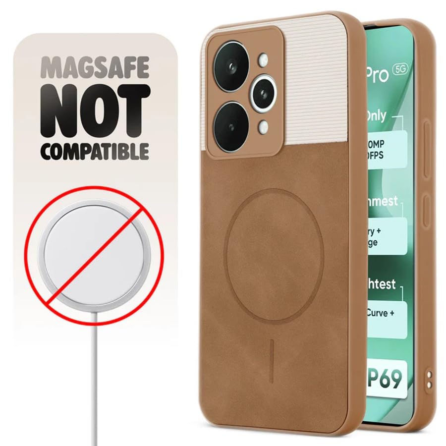 Image of Bintage case Dual-Leather Macc-Safe Design Phone Case| Soft Touch Finish | Full Camera Protectection Back Cover Compatible for Realme RMX5106 /Realme 15 5G - White & Nut Brown