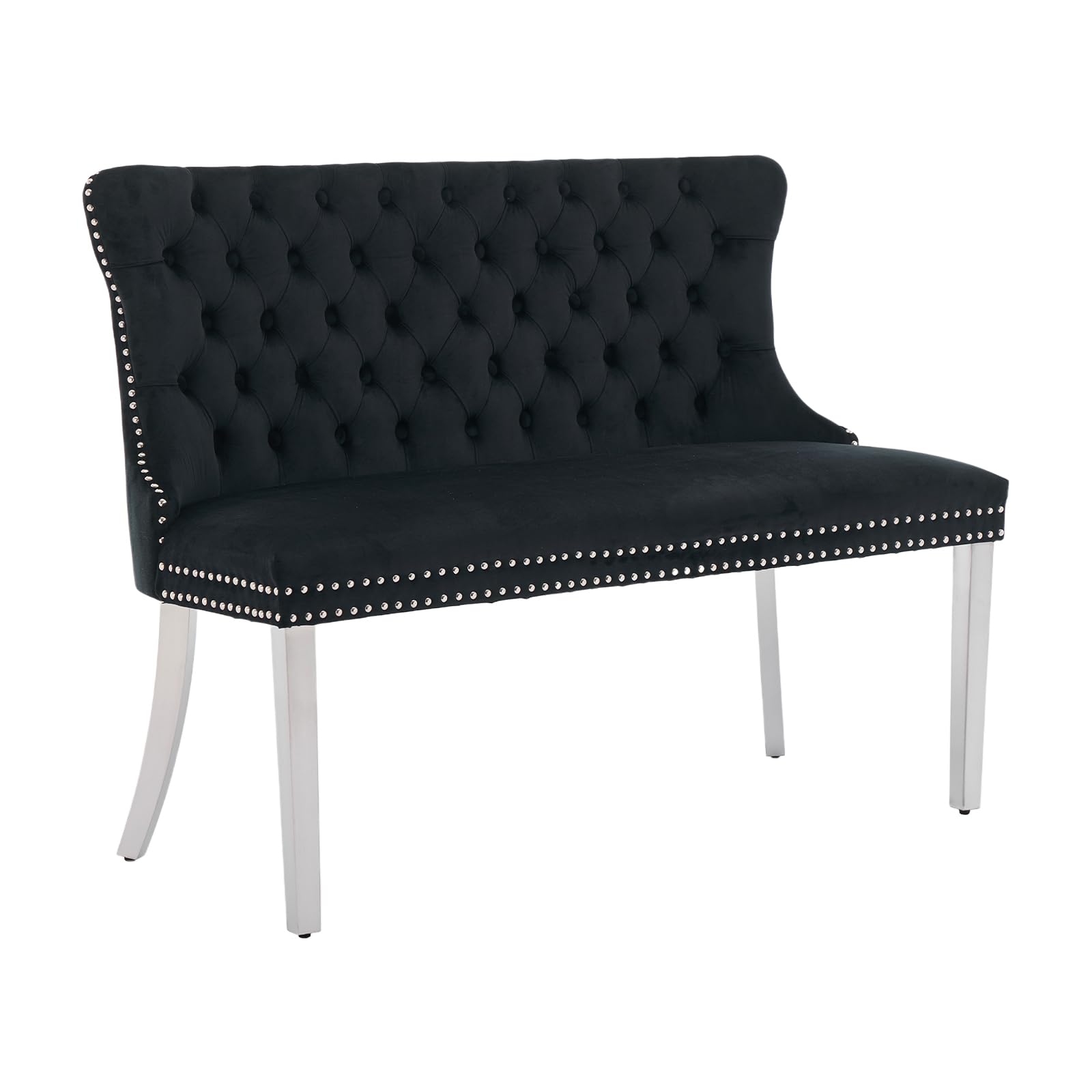 Shenyon Samt-Esszimmerbank mit Rückenlehne, Chesterfield Sitzbank mit Knopfheftung, Silberne Edelstahlbeine mit Ziernägeln, gepolsterte Sitzbank für Esszimmer, Küche & Flur, Schwarz