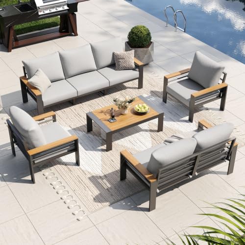 Image of Aoxun Patio Furniture Set, 7 Piece Aluminum Patio Sets with 5 inch Thicken & Washable Cushion, Waterproof Outdoor Furniture with Coffee Table, Outdoor Couch Sectional for Backyard, Porch and Garden