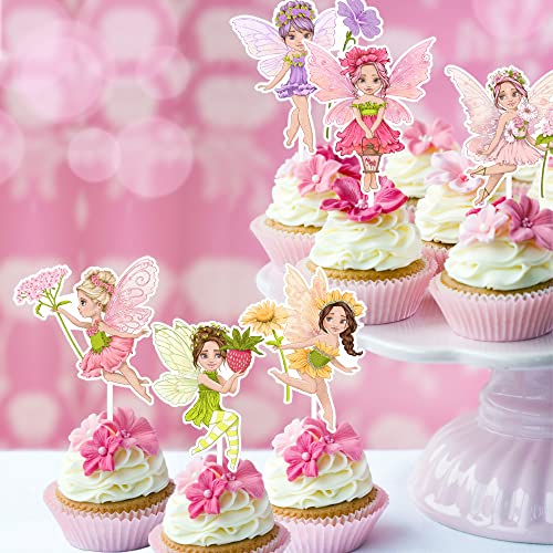 24 Pcs Fairy Cupcake Toppers Elves Theme Watercolor Style Birthday Party Cupcake Decoration For Pink Girl Sunflower Strawberry Bridal Shower Wedding Favors #TOP3