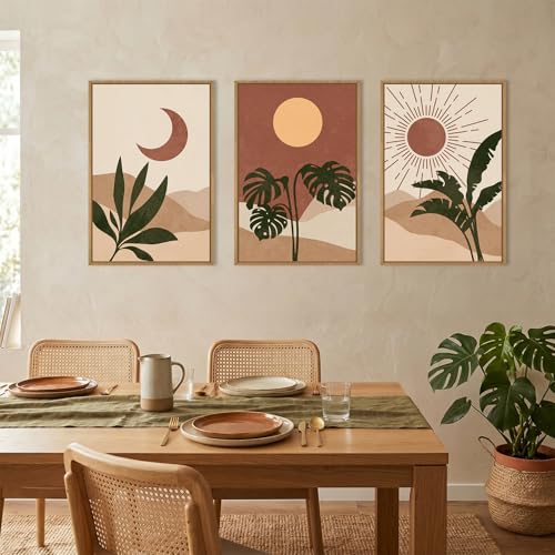 Image of KAIRNE Vintage Sun and Moon Framed Canvas Wall Art Set,Boho Desert Botanical Wall Decor,Abstract Green Terracotta Art Prints,Retro Minimalist Artwork for Living Room,Bedroom,Farmhouse,Office-24 inchx36 inchx3