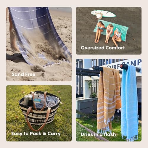 Turkish Beach Towel Oversized (38"x71") 100% Turkish Cotton, Made in Turkey - Sand Free, Extra Large, Ultra Soft, Quick Drying, Compact & Lightweight for Travel - Aqua - Image 6