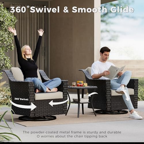Image of 3 Piece Patio Furniture Set, Wicker Outdoor Conversation Set | Patio Chair Set with Olefin Removable Cushion, All-Weather Glider Swivel Chair Set with Deep Seat for Porch, Deck, Beige