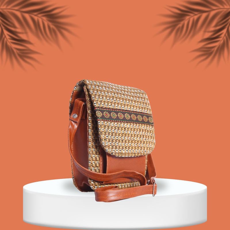 Image of Eco-Friendly Jute Ethnic Side Sling Bag /Cross Body Bag For Women /Girls With Front Mobile Pocket. Flop Closure With Adjustable Shoulder Strap-SLMB01