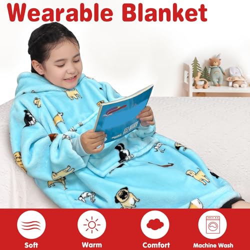 Image of Waitu Wearable Blanket for Kids, Wearable Blanket Hoodie Gifts for Teens Girls and Boys, Warm Blanket Sweatshirt for Teenage, Hoodie Blanket with Sleeves - Light Blue