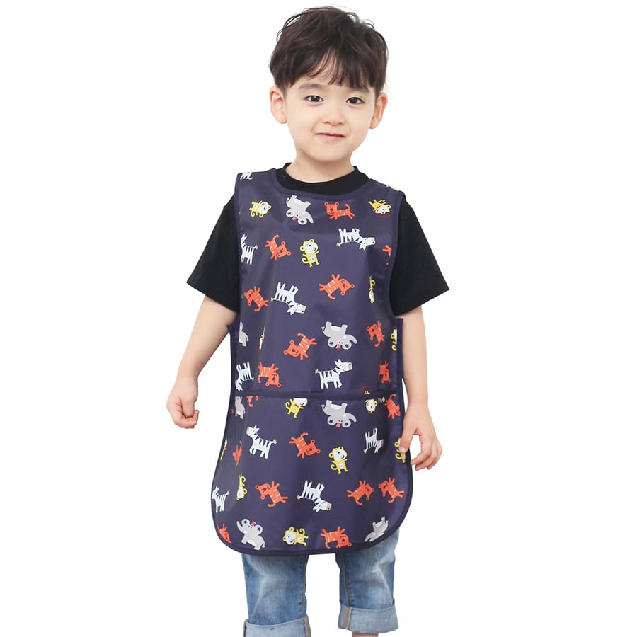 Kids Waterproof Art Tabard | Sleeveless Messy Play Painting Smock for Toddlers | Size S–XL | Kids Artist Apron for School, Daycare, Crafts, Navy Animal (03-S)