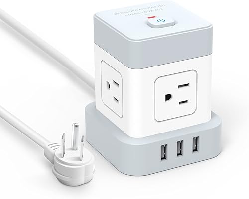 Regleta de alimentación con USB baykul Flat Plug Extension Cord Cube con 4 tomacorrientes, 3 puertos USB, cable de alimentación de 5 pies, protector