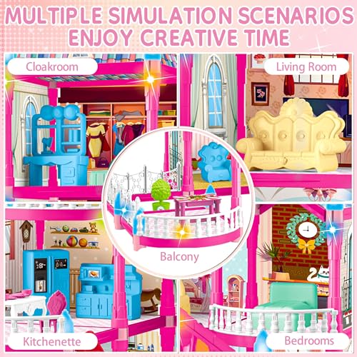 Image of OCTERIC Doll House for Girls ,10 Rooms Pink Doll House with Dolls Figure, Puppies ,Furnitures, Accessories, LED Light, Toddler Playhouse Gift for for 3 4 5 6 7 8 9 10 Year Old Girls Toys (6 House)