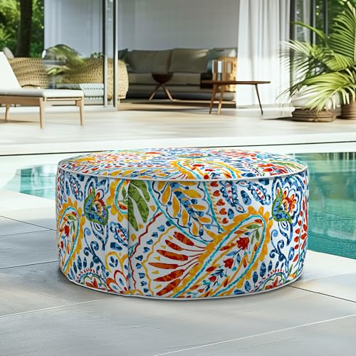 Codi Outdoor Pouf Ottoman, Inflatable Ottomans for Patio, Porch and Beach, Water Repellent Round Foot Rest with Handle, D21\'\' x H9\'\', Multi