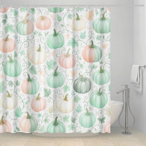 Doobicy Sage Green Pumpkin Shower Curtain 72x72 Inch, Watercolor Pastel Pumpkin Bathroom Decor with Botanical Vine Pattern, Farmhouse Autumn Waterproof Polyester Bath Curtain with 12 Hooks