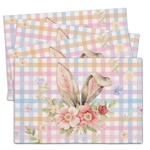 Bunny Ear Easter Placemats for Dining Table - 12x18 Inch Colorful Buffalo Plaid Placemats, Easter Decorations for Table Kitchen Dining Bunny Party Decorations-003
