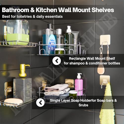 Image of 8 Pcs Bathroom Organiser Without Drill | Self Adhesive Wall Shelf Organizer & Soap Stand for Kitchen Bathroom | Toothbrush & Shampoo Holder R Corner Shelf (Silver)