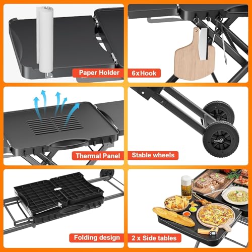 Tragbarer Grillwagen für Ninja Woodfire, Weber, Blackstone, Nexgrill, Traeger und den meisten tragbaren Grills und Pizzaöfen, Outdoor Grillwagen mit Rädern, Seitentischen und Papierhandtuchhalter