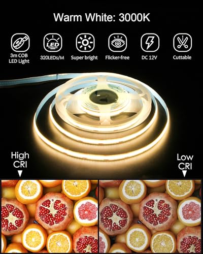 Image of ALITOVE 12V COB LED Strip Lights Warm White 3000K Uniform Glow LED Tape Light 10ft 960 LEDs High Density 320leds /M CRI90 Flexible LED Light Strip for Bedroom Home Cabinet Indoor Decoration