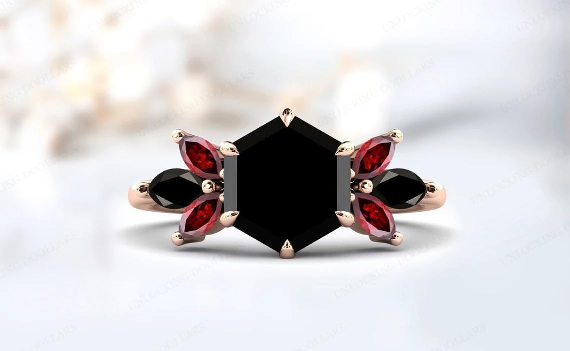 Hexagon Cut 3 CT Black Onyx Wedding Ring For Women 10K Gold Black Onyx Art Deco Cluster Engagement Ring Antique Bridal Promise Ring For Her