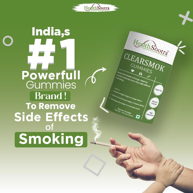 Image of Clearsmok Gummies - Unique Formulation Recover From Side Effects of Smokings on Heart , Lungs & Muscles| Sugar-Free Orange Flavor | Vasaka, Pippali, Arjuna, Punarnava, Ashwagandha | Advanced Formula | Natural Ingredients | 60 Gummies Pack | Complete Detox (Pack of 1)