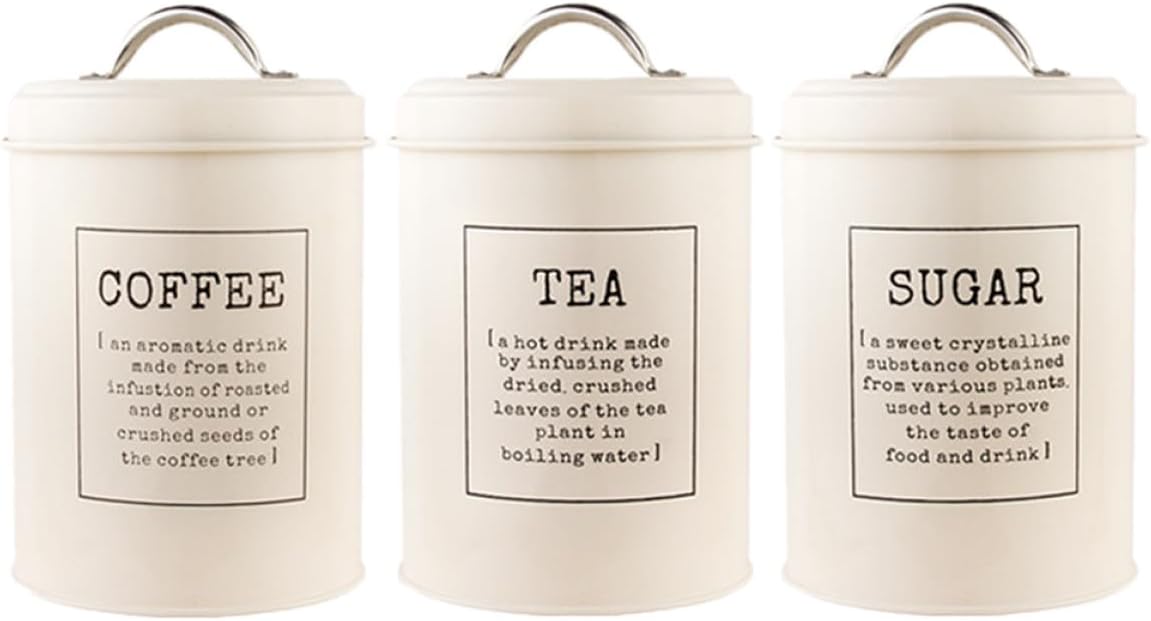 Nordic Style Food Storage Canisters Set of 3 with Lid, White Iron Coffee Beans Jar, Tea Leaf Canister and Sugar Storage Jars for Kitchen Organization Random Style