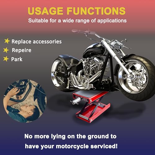 Image of Motorcycle Lift Scissor Jack, Motorbike Jack with 1100lb Capacity Wide Deck Motorcycle Center Stand, Steel Scissor Jack for Street Bikes, Cruiser Bikes, Touring Motorcycles, Red