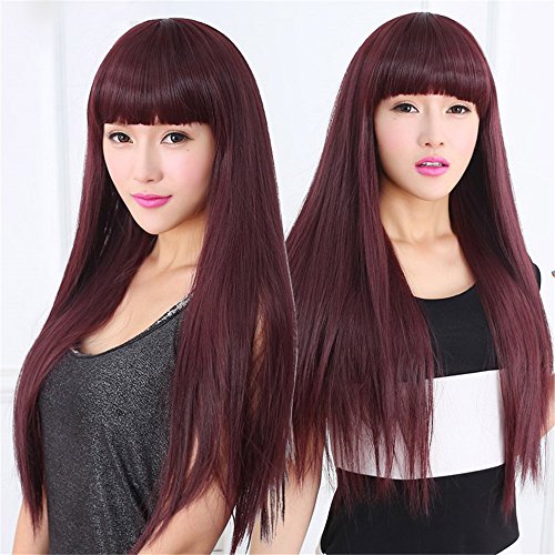 JYWIGS 26'' Wine Red Wig for Women Long Straight Party Hair Neat Bangs Synthetic Heat Resistant Fiber Cosplay Costume Hair