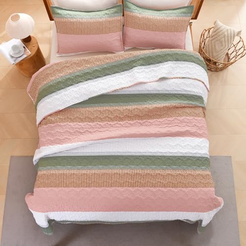 Litanika California King Quilt, 3 Pcs Pink and Green Stripe Bedding Set by Litanika - Used condition - Image 3