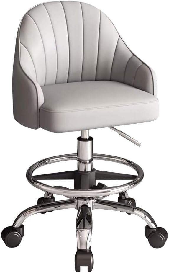 LEIYTFE Heavy Duty Rolling Stool Chair with Wheels Lifting Office Chairs with Footrest Drafting Chair,Back Support, Armrest,Smooth Movement Bar Stools(Light Grey)