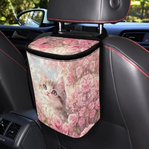 Image of DISNIMO Blossom Cat Car Trash Can Easy-to-Install Car Accessory Interior, Leak-Proof Car Garbage Can Bin Organizer Storage Bag for the Back Seat of Any Cars, Sedans, SUVs & Trucks