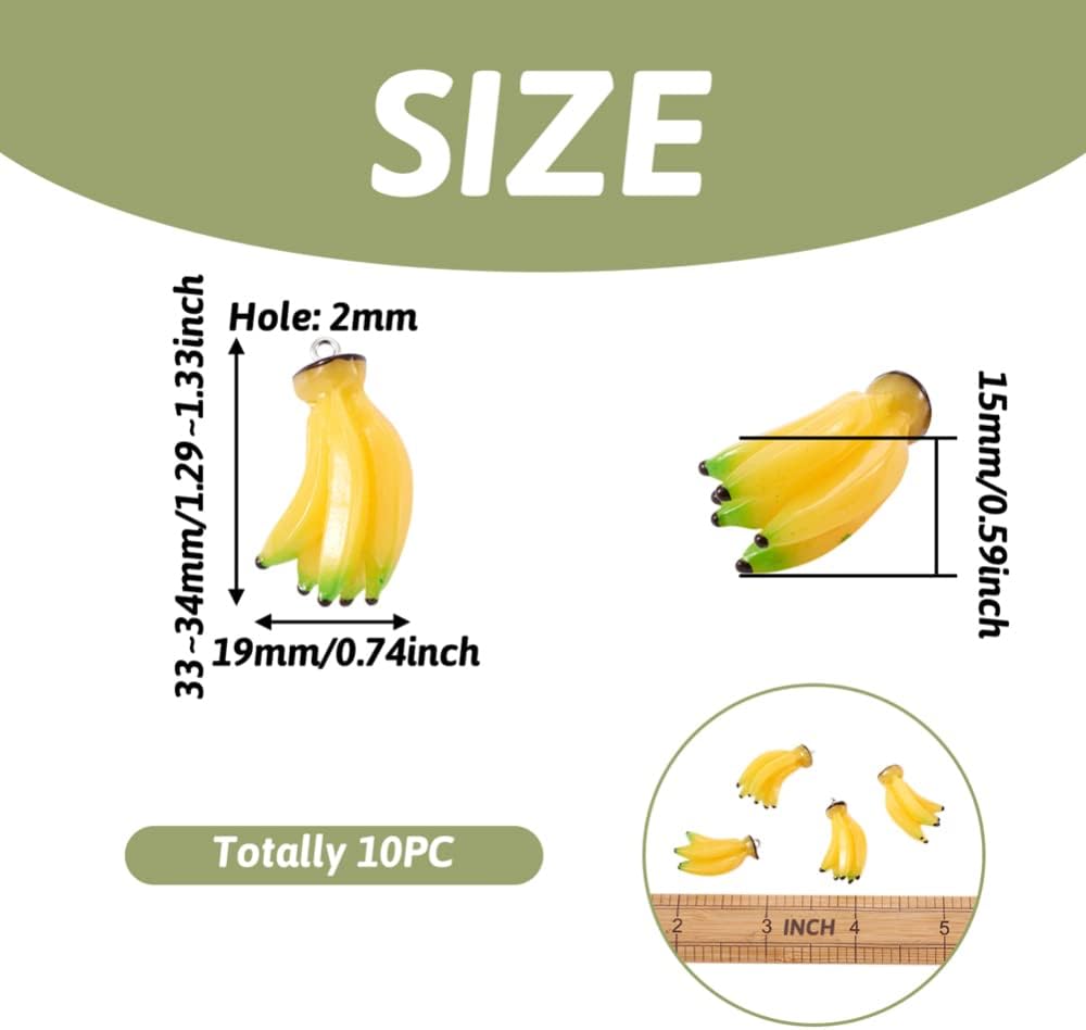 Cheriswelry 10pc Banana Fruit Resin Charms Pendants Yellow Imitation Food Lovely Dangle Charms Hanging Ornament 33~34mm for DIY Craft Earring Bracelet Necklace Jewelry Making Decoration - Image 3