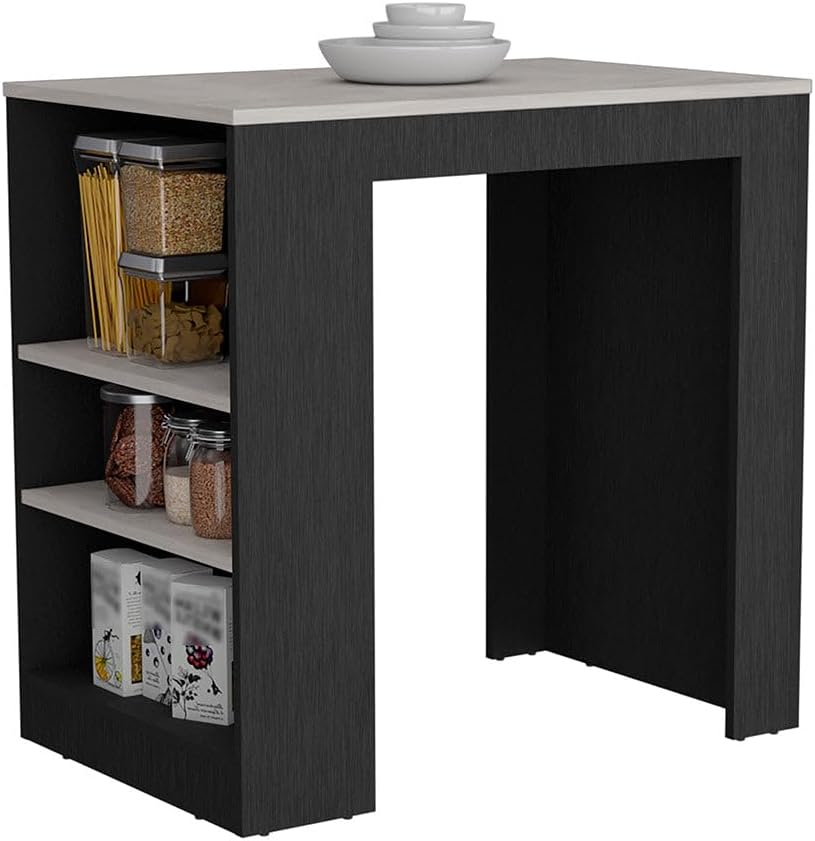 Kitchen Island with Storage Base, Engineered Wood, Counter-Height Top, 3 Side Shelves, Dining Table, Black and Ibiza Marble, 36.22" L x 23.22" W x 35.94" H