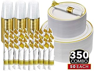 350 Piece Gold Dinnerware Party Set - 50 Guest - Disposable Gold Dinnerware