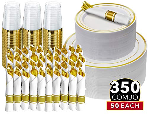 350 Piece Gold Dinnerware Party Set - 50 Guest - Disposable Gold Dinnerware