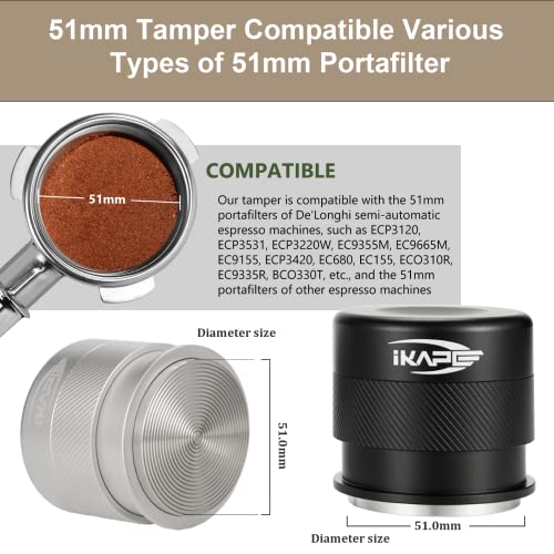 Ikape Coffee Products, 51Mm Espresso Tamper, Premium Barista Coffee Calibrated Tamper With Spring Loaded, 100% Stainless Steel Tamper Compatible With All 51Mm Bottomless Portafilter (Silver) #TOP1