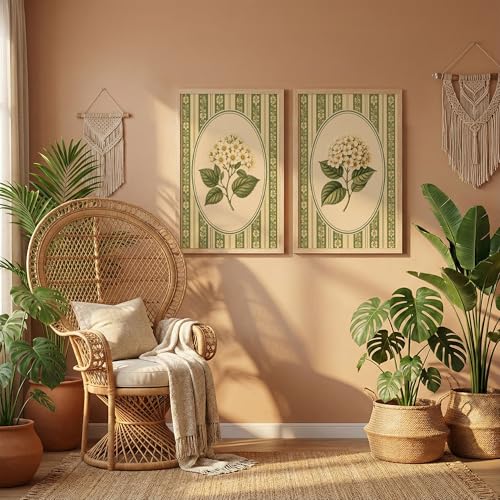 Image of NoWorries Vintage Botanical Wall Art Set of 2 Framed Floral Prints for Living Room Bedroom Office | Green Cottagecore Wall Decor with Wooden Frame (Art-5, 10x13inch)