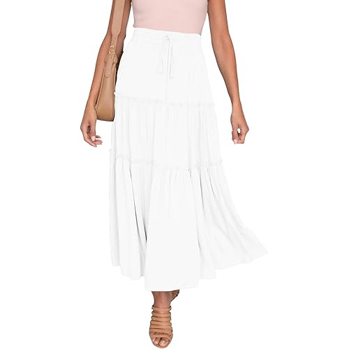 HAEOF Women's Boho Elastic High Waist A Line Ruffle Swing Beach Maxi Skirt with Pockets