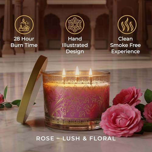 Image of EKAM 2025-26 Festive Fragrance Gift| Scented 3 Wick Candle| Rose | Inspired by Pink Haveli | 28-Hour Burn | Essential Oil Infused | Gift Box for Diwali & Celebrations