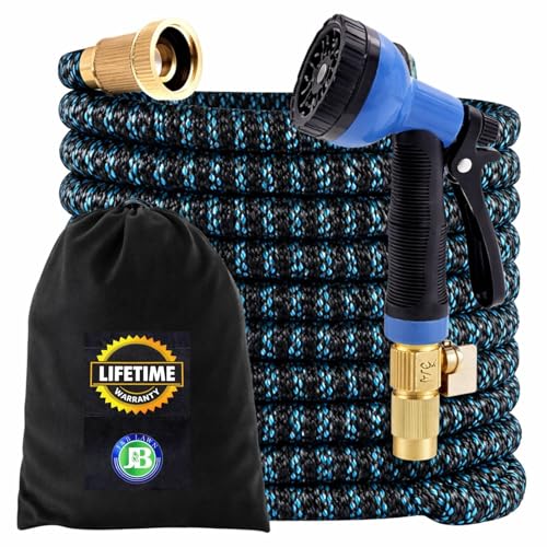 J&B XpandaHose 75ft Expandable Garden Hose with Holder - Heavy Duty Superior Strength 3750D - 4 -Layer Latex Core - Extra Strong Brass Connectors and 10 Spray Nozzle w/Storage Bag (Blue 75)