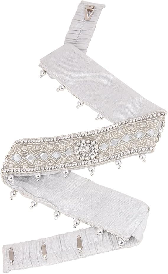 floryxa Vaddanam Embroidery Work Cloth Belt Silver White Camara Band Waist Belt for Women Sari and Dresses (Only Adjustable Size 30-40 inches) Fabric, Fabric-picture-44