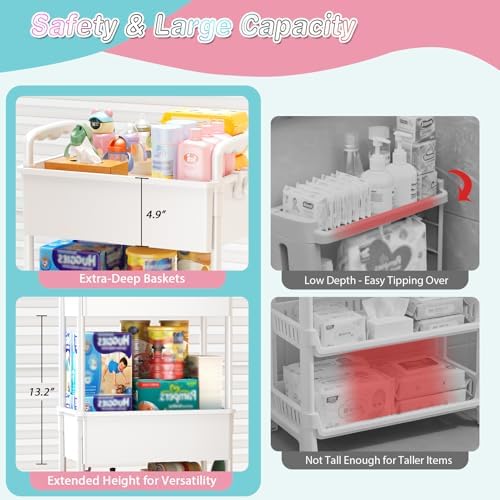SUNALLY Baby Diaper Caddy Cart,3 Tier Rolling Diaper Cart for Nursery,White — view 2