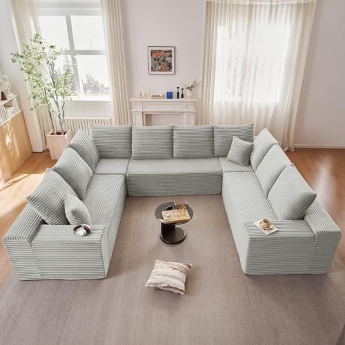Image of Oversized Modular Sectional Sofa Couch, Large 8 Seater Corner Sofa Modern U Shaped Sectional Couch Cloud Couches for Living Room, Office, Spacious Space, Corduroy,No Assembly Required, Light Grey