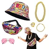 Disfraz de hip hop de los años 80 y 90, conjunto de disfraz de hip hop, accesorios de disfraz con collar y pulsera de oro falso, anillo de signo de dólar, gafas de sol de moda rosa, sombrero de