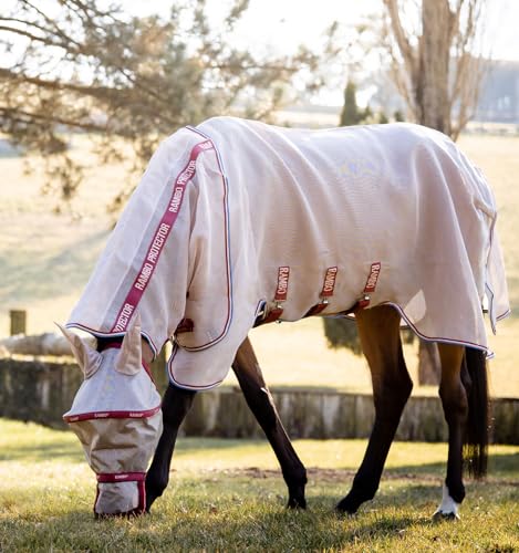 Image of Horseware Rambo Protector Fly Sheet with Disc Front Closure 0g - Oatmeal /Cherry & Peach & Blue, 66 inches