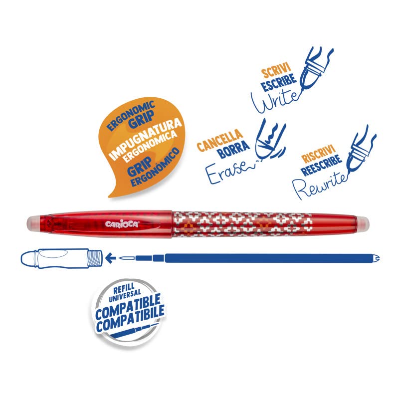 CARIOCA Oops Lot de 12 stylos effaçables rechargeables pour l'école et le bureau avec capuche, double caoutchouc et poignée ergonomique, stylos bleus