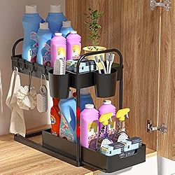 Mueble Fregadero Con Cajones DUNSOO 2 Niveles Organizador Bajo Fregadero Cocina, Deslizable Estante Almacenamiento Debajo Fregadero con 4 Ganchos y 2 Cesta Colgante para Cajones, Cocina, Baño